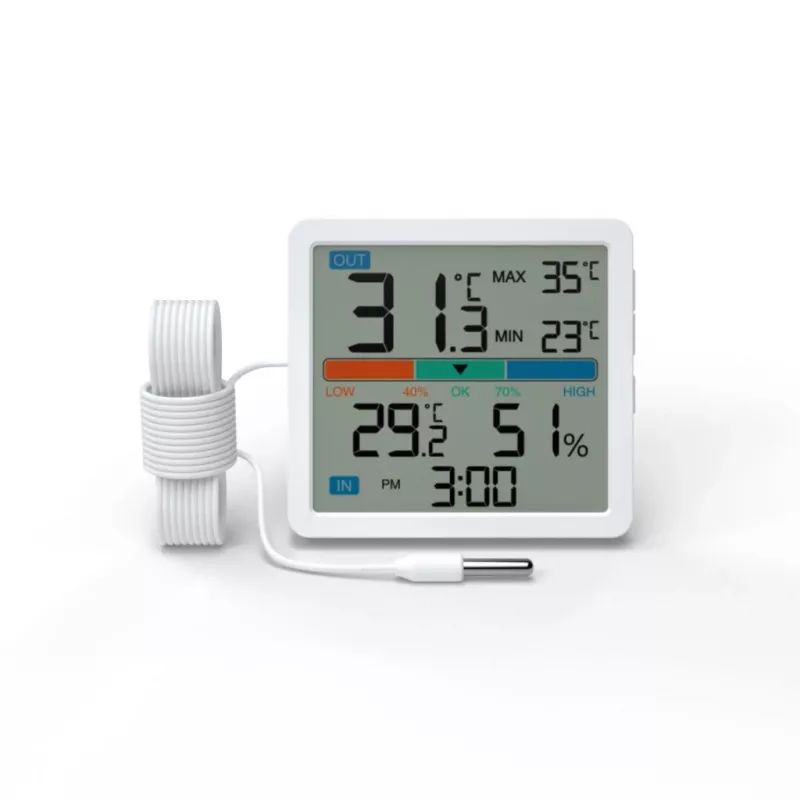 Termohigrometr MANTA MTO002W z czujnikiem zewnętrznym (150 cm), wewnątrz 0–+50°C, na zewnątrz -40–+70°C, wilgotność 20–95% RH, wskaźnik komfortu, zegar