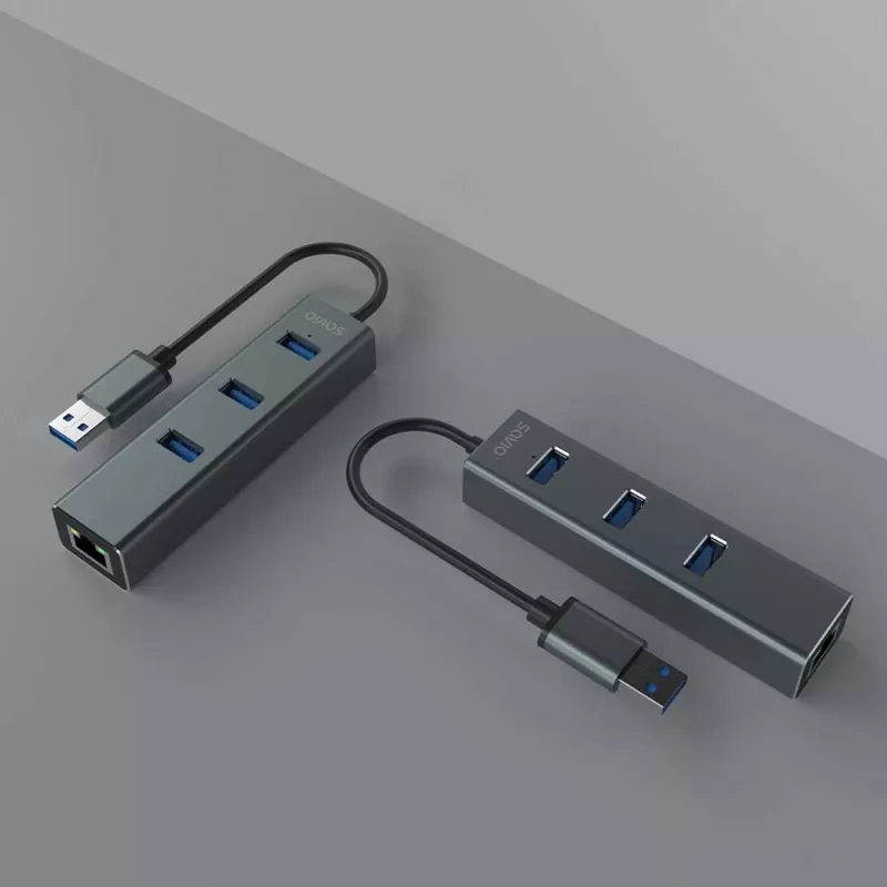SAVIO USB-A hub z RJ-45 Gigabit Ethernet AK-57 — 3× USB-A + RJ-45, USB 3.2 Gen 1 Micro‑B host, 5 Gbit/s, 4 porty, szary
