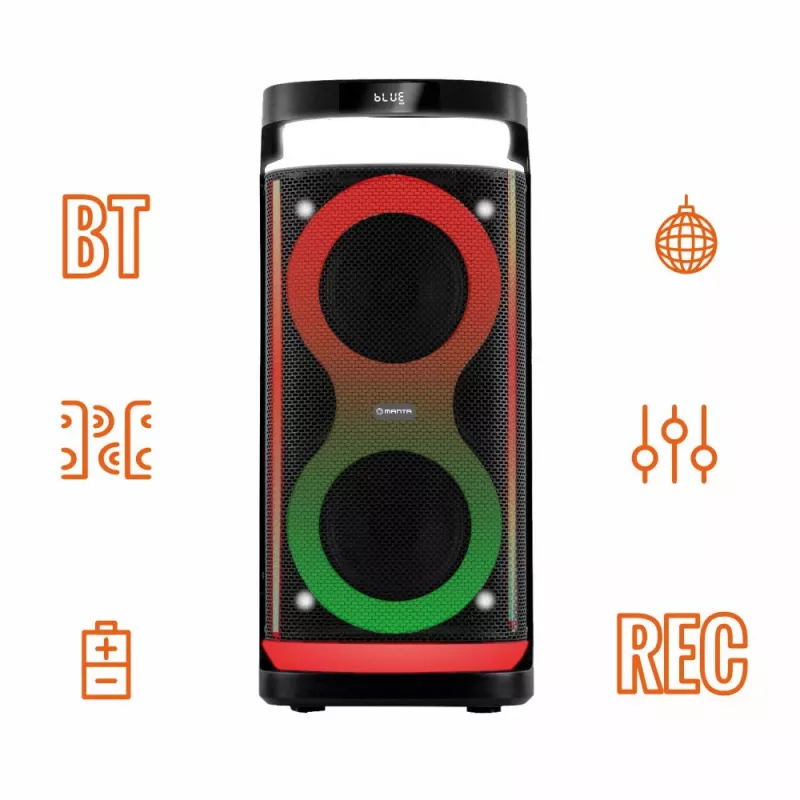 Głośnik przenośny MANTA SPK0601B100, 100 W, Bluetooth, karaoke, mikrofon bezprzewodowy, bateria, korektor, oświetlenie dyskotekowe