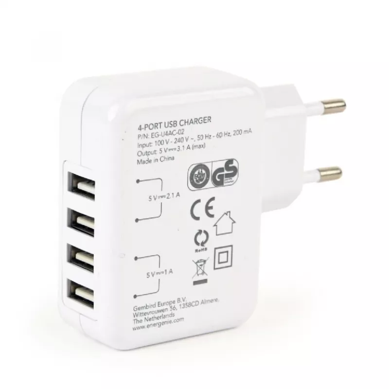 Ładowarka USB uniwersalna biała/4 porty EG-U4AC-02 Gembird
