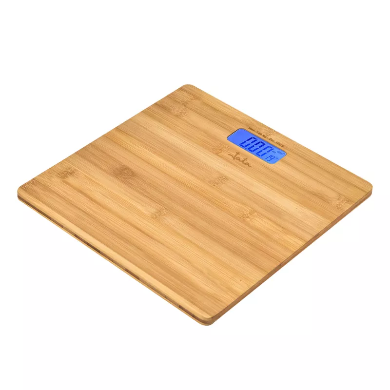 Elektroniczna waga osobista Jata HBAS1489 — maksymalne obciążenie 180 kg, dokładność 100 g, wyświetlacz LCD 10,2 cm, platforma bambusowa