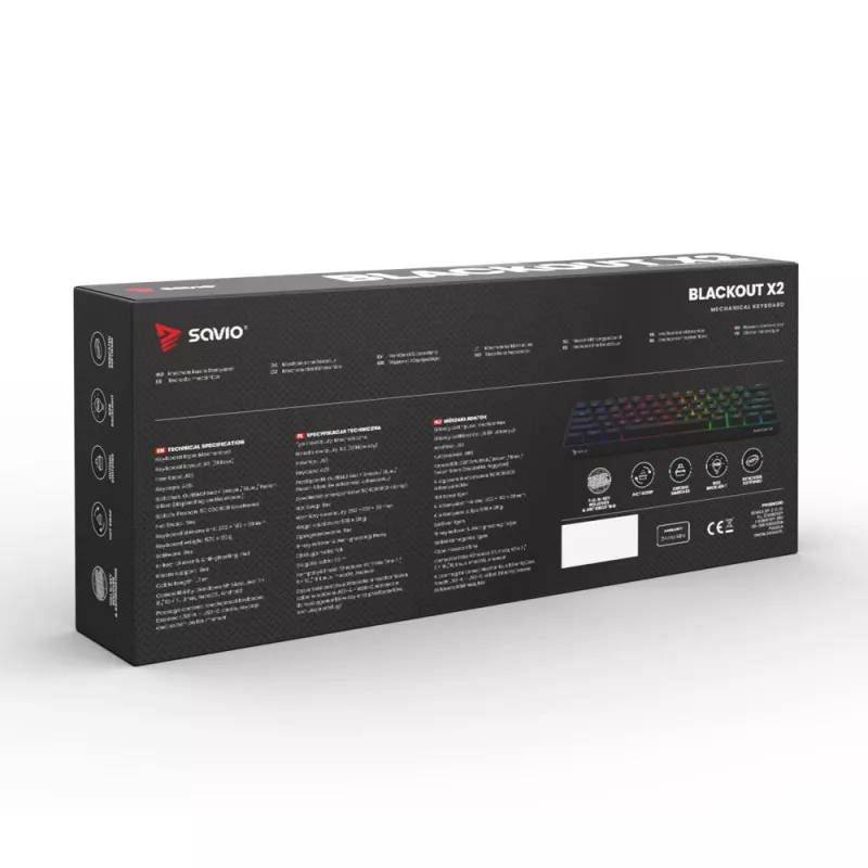Mechaniczna klawiatura gamingowa SAVIO CzarnyOUT X2 PEACH — 61 klawiszy 60% QWERTY, RGB LED, hot-swap, USB Typ-A/Typ-C, odłączany kabel