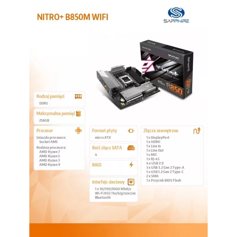 Płyta główna Sapphire NITRO+ B850M WIFI — AMD B850, Socket AM5, micro ATX, DDR5, 4x DIMM, Wi‑Fi 6, 2.5Gb LAN, 2x M.2
