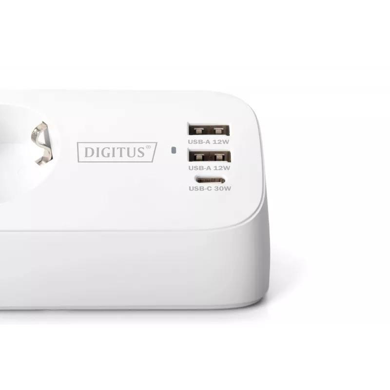 Listwa zasilająca DIGITUS 3-drożna z 2×USB-A i 1×USB-C, 3 gniazda AC typu E/F, kabel 1,5 m, biała