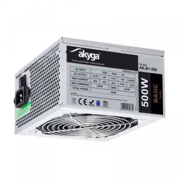 Zasilacz Akyga AK-B1-500, 500 W, ATX 2.31, 20+4 pin, wentylator 120 mm, niemodularny