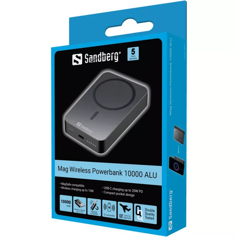 Ładowarka przenośna Sandberg Mag Wireless Powerbank 10000 ALU, 10000 mAh