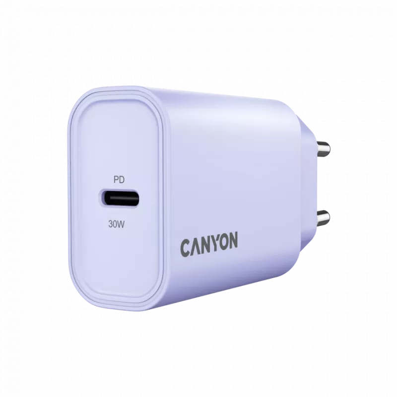 Ładowarka sieciowa CANYON OnCharge 30CL, 30 W USB-C PD, 1 wyjście PD, wtyczka EU, Fioletowa