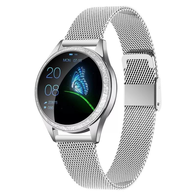Smartwatch ORO-MED ORO-SMART CRYSTAL srebrny — okrągła metalowa obudowa, LCD 240×198, wyświetlacz 1.04 cala, Bluetooth 4.0, wodoodporny, bateria 120 mAh
