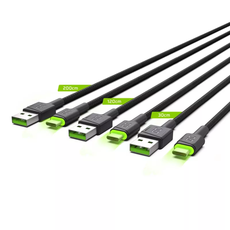 Zestaw kabli USB-C zielony Cell GC Ray — USB A na USB C 3 długości (30 cm, 120 cm, 200 cm), USB PD, 480 Mbps, 2.4 A, czarny