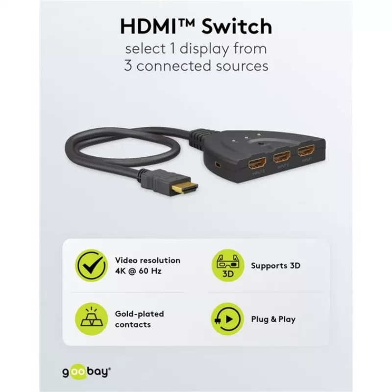 HDMI-Umschaltbox 3 to 1 (4K @ 60 Hz), przełącznik HDMI (czarny, kabel 55 cm)