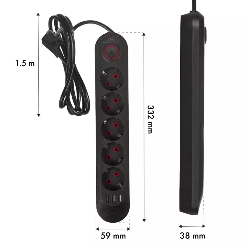 Listwa zasilająca MACLEAN MCE395 B — 5 gniazd, 3×USB, 110–240 V AC, 2,1 A USB, 2500 W, przewód 1,5 m, czarna