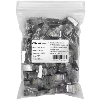 Złącze modularne RJ45 QOLTEC 54556 CAT6 FTP, srebrne, 18×22×11 mm, opakowanie 100 szt.