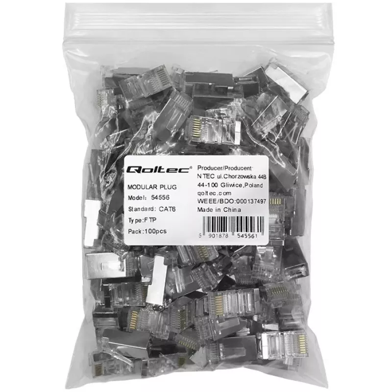 Złącze modularne RJ45 QOLTEC 54556 CAT6 FTP, srebrne, 18×22×11 mm, opakowanie 100 szt.