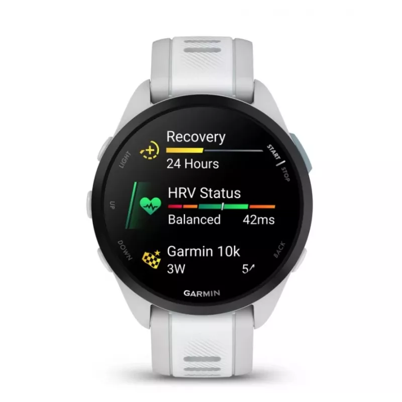 Smartwatch GARMIN Forerunner 165 — GPS, AMOLED 1,2 cala, 4 GB, 5 ATM, 11 dni pracy na baterii, szara koperta, biały pasek