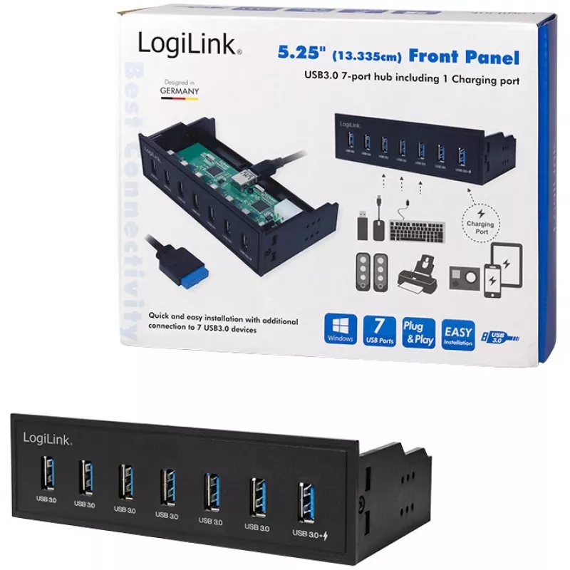 LogiLink USB 3.0 hub, 7-port 5.25 wewnętrzny, z portem szybkiego ładowania - Hub - 6 x SuperSpeed USB 3.0 + 1 x SuperSpeed USB 3.0 (ładowanie)