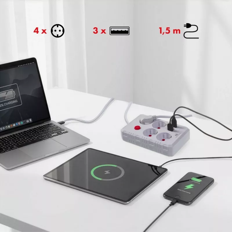 Listwa zasilająca MACLEAN MCE392 W — 4 gniazda F, 3×USB A, 110–240V, maks. 2.1A, 2500W, kabel 1,5 m, biała