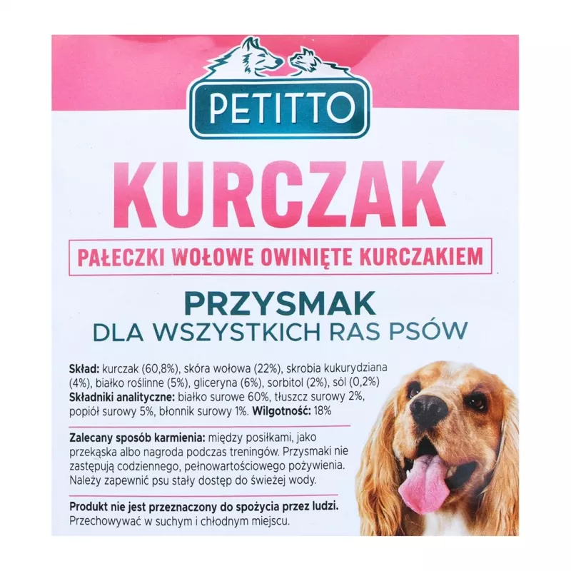 Przysmaki dla psa PETITTO Chicken wrapped chopsticks 500 g — pałeczki do żucia o smaku kurczaka, 60% białka, 18% wilgotności