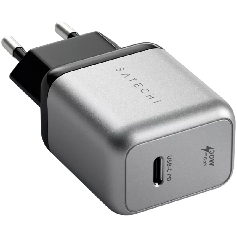 Ładowarka do urządzeń mobilnych Satechi ST-UC30WCM-EU — Uniwersalna ładowarka sieciowa do użytku wewnętrznego z 1× USB-C, czarno-srebrna