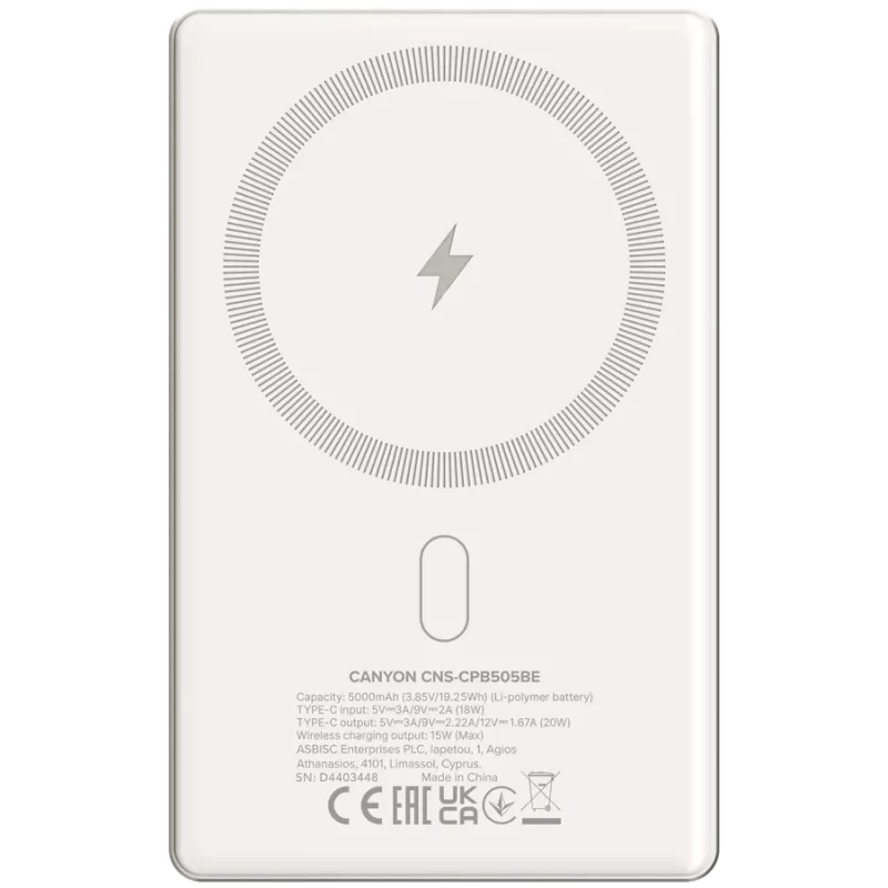 Canyon OnPower 505 - Powerbank - 5.000 mAh - wejście USB-C - wyjście USB-C PD 20W + ładowanie bezprzewodowe MagSafe 1