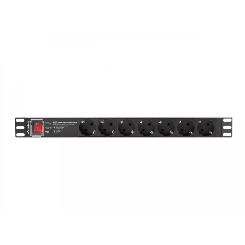 Listwa zasilająca LANBERG PDU-PRO-07F-0200-BK — listwa PDU 1U do szaf rack, 7 gniazd typu F, 16 A, kabel 2 m, czarna