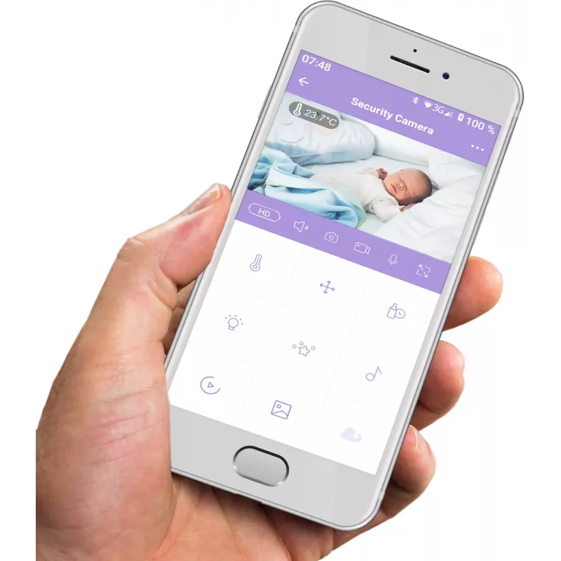 Wewnętrzna kamera panoramiczna Wi‑Fi Olympia BC 2000 — 2 MP, 1080p, 330° w poziomie / 145° w pionie, 2,4 GHz, Android/iOS (fioletowy/biały)