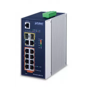 Przełącznik zarządzalny PLANET IGS-4215-8P2T2S — 10x Gigabit RJ-45, 2x SFP, 8x PoE+ (240W), 48–56V DC, L2/L4, IP30, montaż na szynie DIN/na ścianie