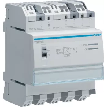 Hager TGA200. Liczba biegunów: 4P. Napięcie wejściowe AC: 230 V, Częstotliwość wejściowa AC: 50/60 Hz (TGA200)