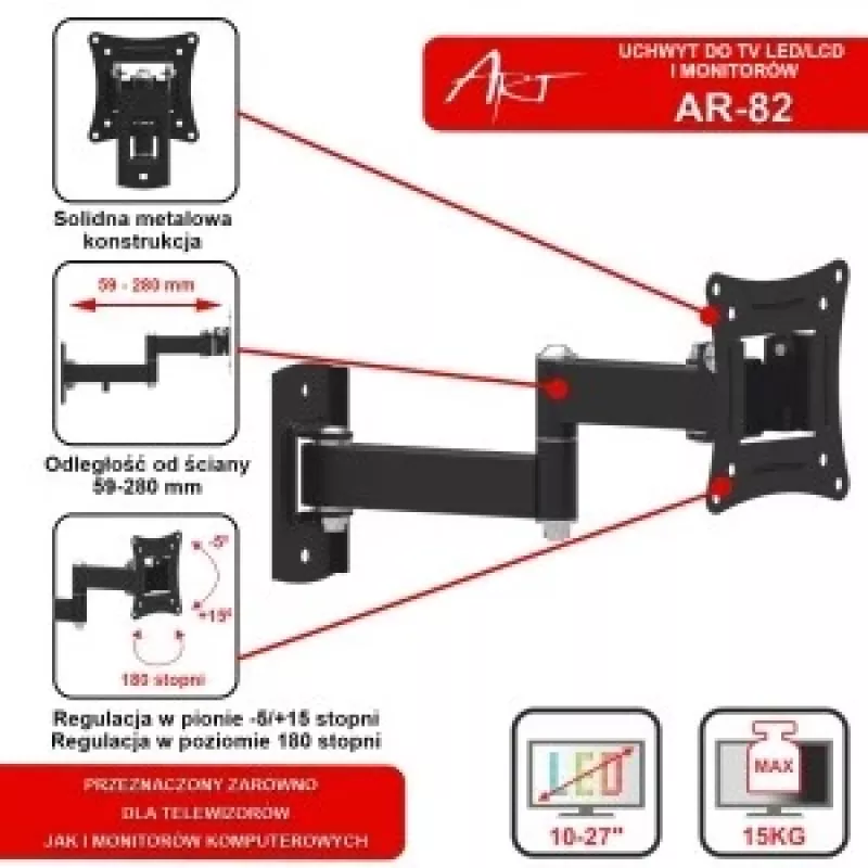Uchwyt do TV LCD/LED 10-27 15KG AR-82 regulacja pionowa/pozioma 28cm