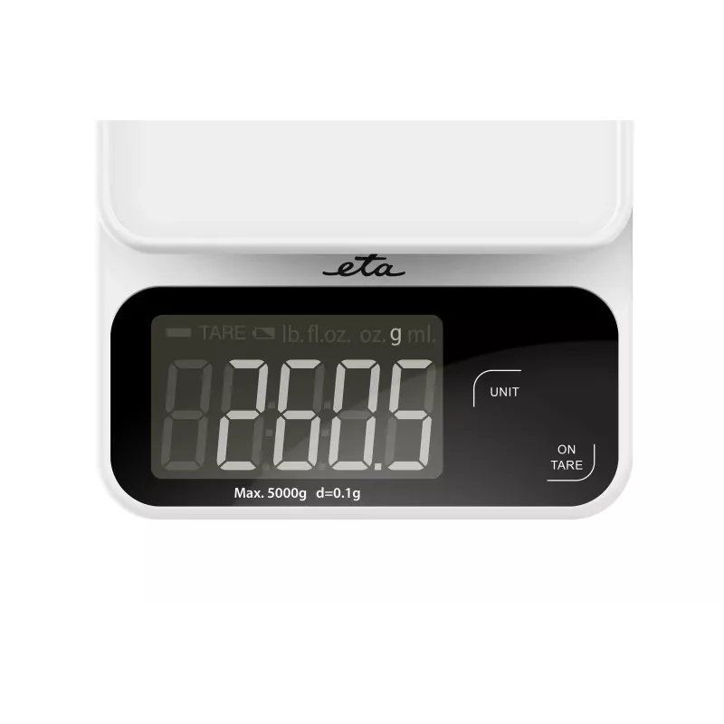 Elektroniczna waga kuchenna ETA POPI Biała — maks. 5 kg, dokładność 1 g, wyświetlacz LCD, baterie AAA