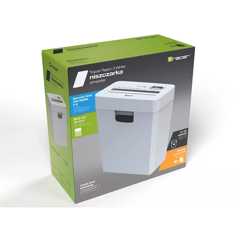 Niszczarka do papieru TRACER Tracer 47584 — cięcie poprzeczne 6 mm, do 5–6 arkuszy, pojemnik 10 l, biała