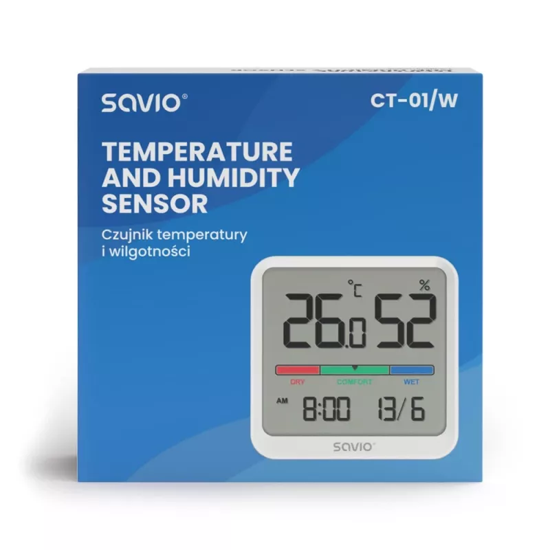 Wewnętrzny czujnik temperatury i wilgotności SAVIO CT-01/W, wyświetlacz LCD, -10–55°C, 10–99%RH, bateria CR2032