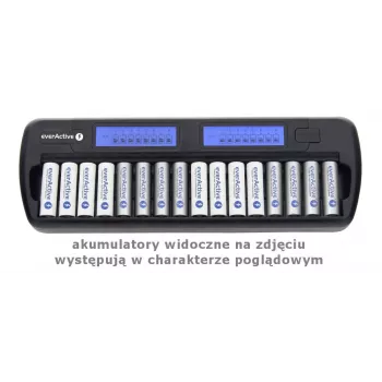 Ładowarka do akumulatorów everActive NC-1600 — uniwersalna ładowarka DC dla Li-Ion, obsługuje 16 ogniw, kompatybilne rozmiary AA/AAA/C, czarna, AC 100–240V 50–60Hz