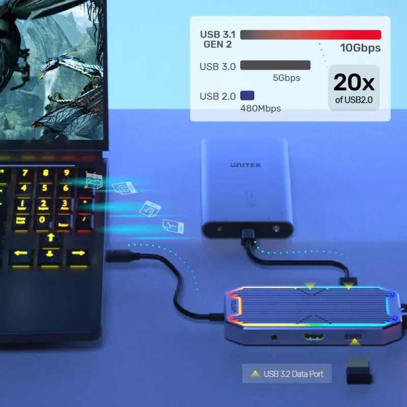 Koncentrator USB Unitek uHUB S7+ — przewodowy USB 3.2 Gen 2 Type-C, 100 W PD, Gigabit Ethernet, obsługa 4K, Space szary