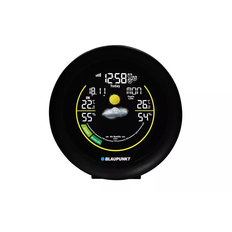 Stacja pogodowa BLAUPUNKT WS35BK APP — wyświetlacz LCD, temperatura i wilgotność, alarm, kalendarz, łączność z aplikacją, 94×94×27 mm