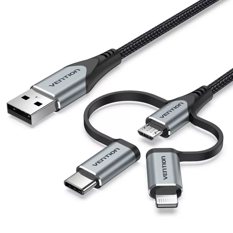 Kabel Vention USB 2.0 A męski do 3-w-1 Micro-B&USB-C&Lightning męski 1M szary stop aluminium typ