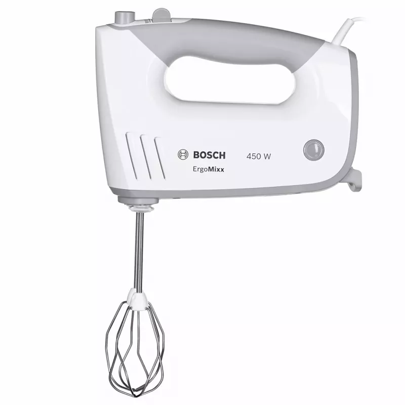Mikser ręczny Bosch MFQ36480 – 450 W, 5 prędkości z turbo, szaro-biały, trzepaczki i haki do ciasta