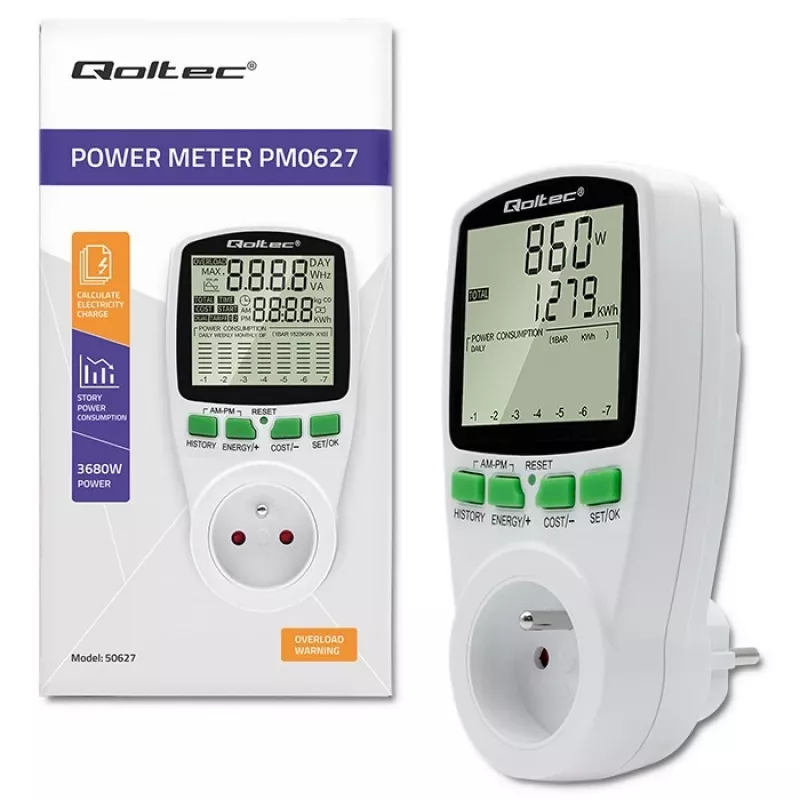Miernik mocy QOLTEC PM0627 3680W z historią — QOLTEC PM0627 3680W