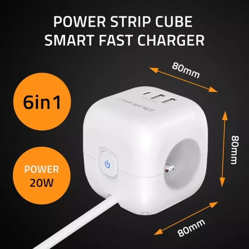 Listwa zasilająca Power Cube QOLTEC 52547 3× gniazda AC, 2×USB-A, 1×USB-C PD 20W