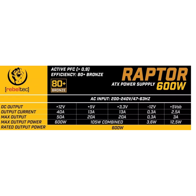 Zasilacz RAPTOR 600W BRONZE 80+, linia pojedyncza, DC-DC
