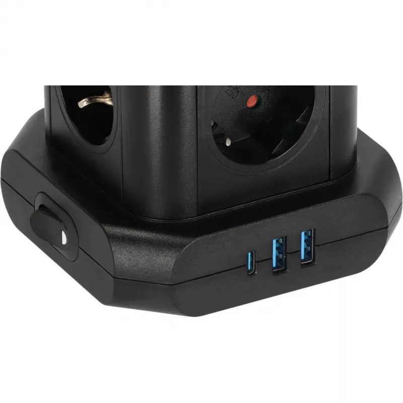 Wieża listwy zasilającej Brennenstuhl 1153560010 — 8 gniazd, 2×USB-A, 1×USB-C, czarna