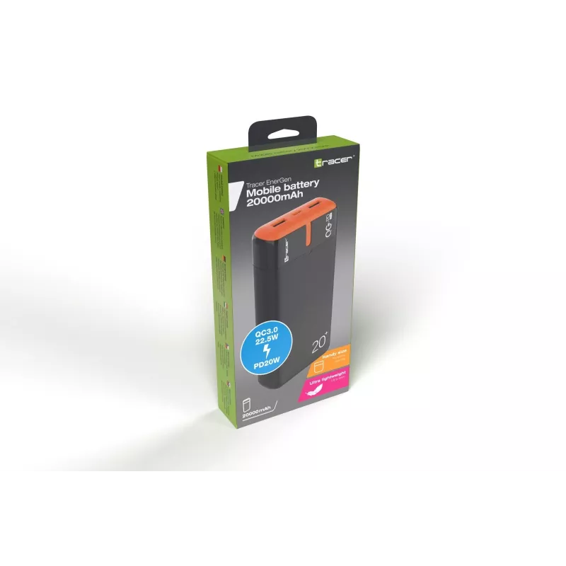 Ładowarka przenośna TRACER EnerGen 20000 mAh, Power Delivery 20W, wejście USB-C, 2 wyjścia USB-A, obsługa 3 urządzeń, pomarańczowa