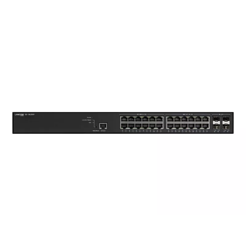 Zarządzany przełącznik LANCOM GS-3628XP, 24× porty RJ-45 2,5G, PoE, L2/L3, do montażu w szafie rack 1U
