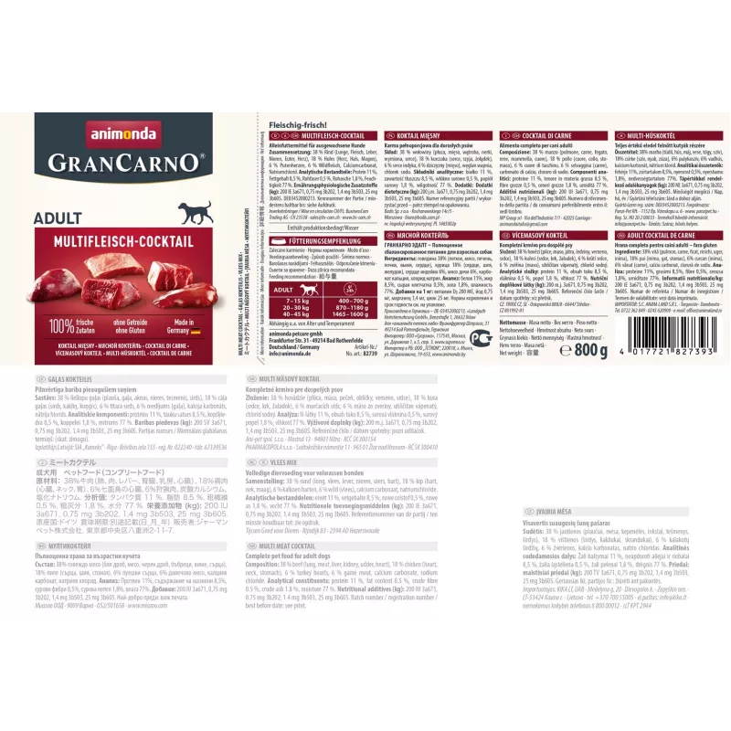 Mokra karma dla psów Animonda GranCarno Multi Meat Cocktail 800 g — wołowina, kurczak, dziczyzna, serce, indyk, dorosłe psy