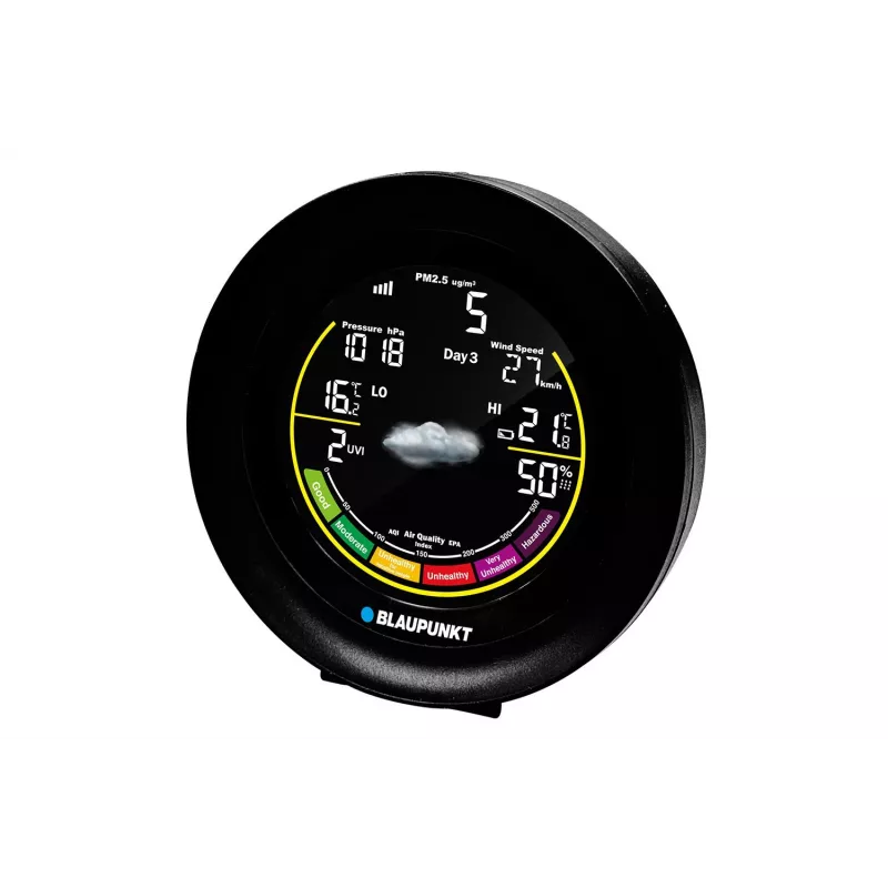 Stacja pogodowa BLAUPUNKT WS35BK APP — wyświetlacz LCD, temperatura i wilgotność, alarm, kalendarz, łączność z aplikacją, 94×94×27 mm