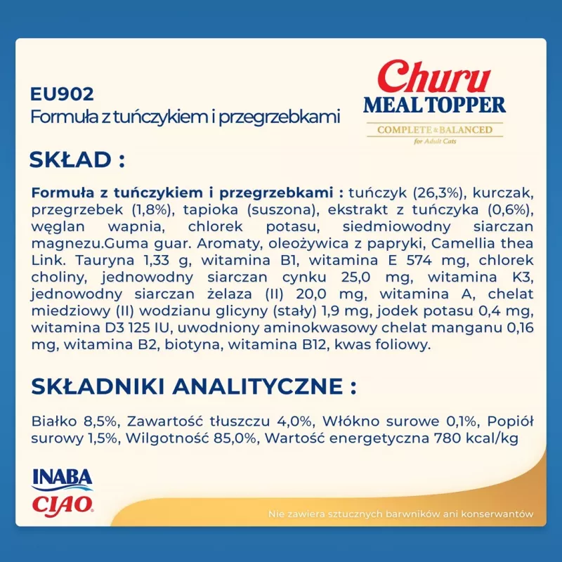 Saszetka z mokrym przysmakiem dla kota INABA Churu Meal Topper Tuńczyk z przegrzebkiem 4 x 14 g