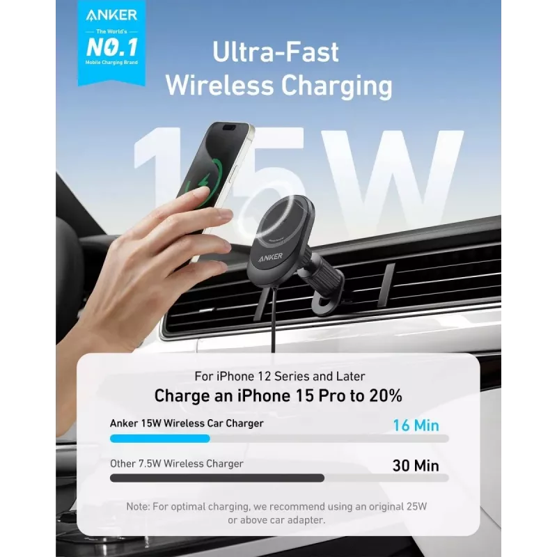 Bezprzewodowa magnetyczna ładowarka samochodowa Anker MagGo 15W — Magnetyczne szybkie ładowanie Qi 15W do smartfonów, czarna