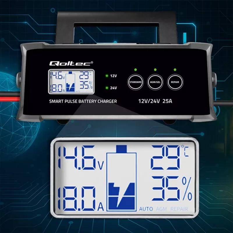 Prostownik QOLTEC 52514 — 12 V/24 V, 25 A, do akumulatorów AGM/żelowych/SLA z wyświetlaczem LCD