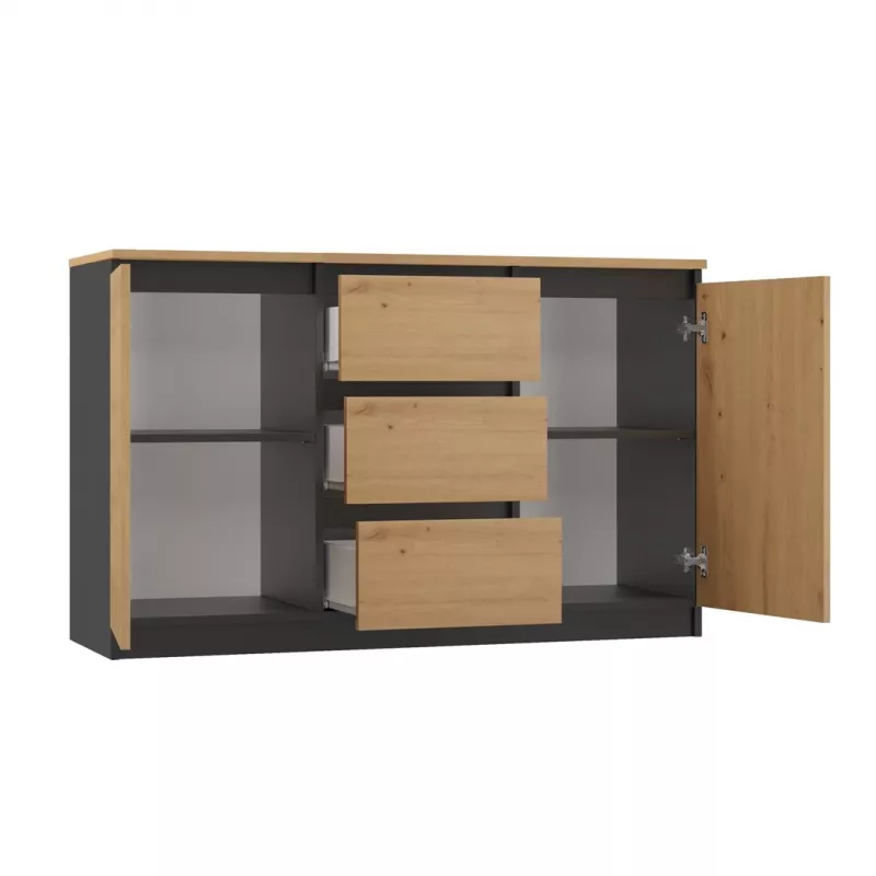 Komoda górna e-sklep Topeshop 2D3S ANT/ART BA KPL — antracyt i dąb, 3 szuflady, korpus z płyty wiórowej
