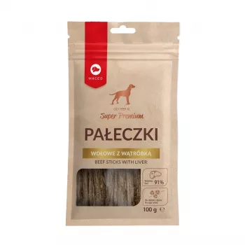 Przysmaki dla psów MACED Beef Sticks z wątróbką 100 g — naturalne, twarde przekąski do żucia dla psów