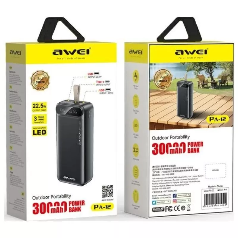 Przenośny powerbank AWEI PA-12 30000 mAh 22,5 W czarny